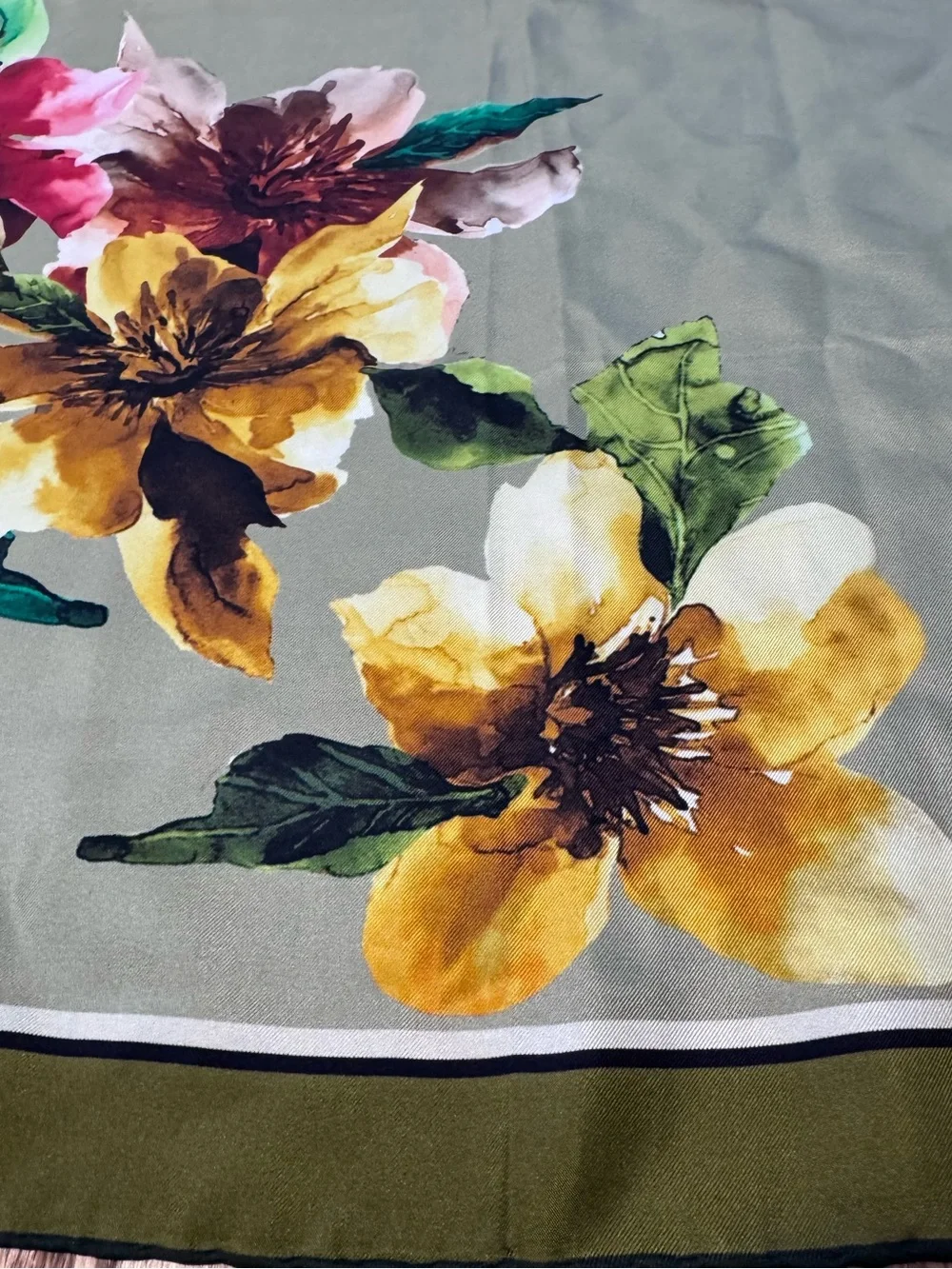 Armine 100% Silk Floral Square Scarf Sage Green Watercolor Flowers Turkey